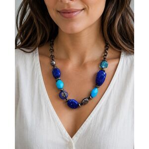 Chico's Boho Faux Lapis Resin  Glass Turquoise Antique Rolo Chain Necklace 27.5"